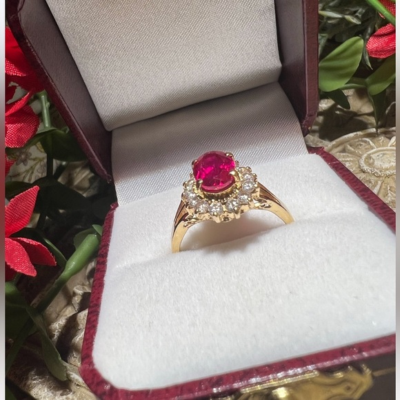 Antique Ruby Estate Ring Solid 18K Gold Ruby diamond Halo Ring Size 7.5 Sizeable - Picture 7 of 16